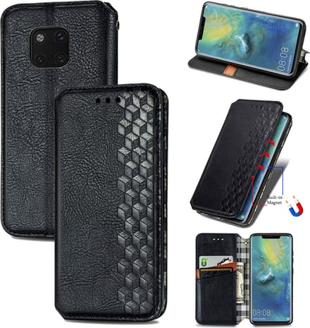Luxe PU Lederen Ruitpatroon Wallet Case + PMMA Screenprotector voor Huawei Mate 20 Pro _ Zwart