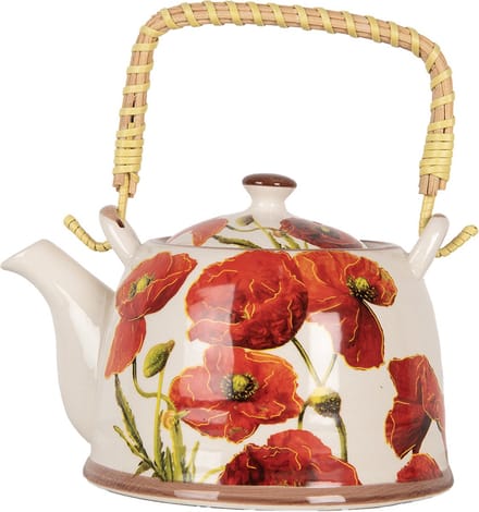 Clayre & Eef Theepot met Filter 800 ml Wit Rood Keramiek Bloemen