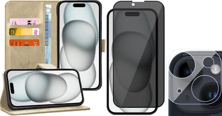 Hoesje geschikt voor iPhone 15 - Privacy Screenprotector FullGuard & Camera Lens Screen Protector - Book Case Kunstleer Pasjeshouder Goud
