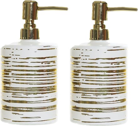 Items Zeeppompje/dispenser - 2x - glas - wit met gouden strepen - 450 ml - navulbaar - keuken/toilet/badkamer