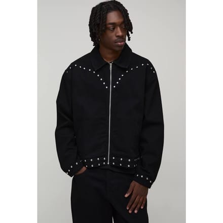Studded Western Oversized Boxy Denim Jacket | True Black | Size Small