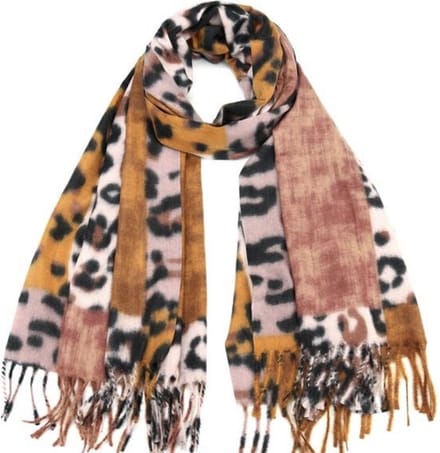 Lange warme dames wintersjaal Simone panterprint okergeel zwart beige bruin