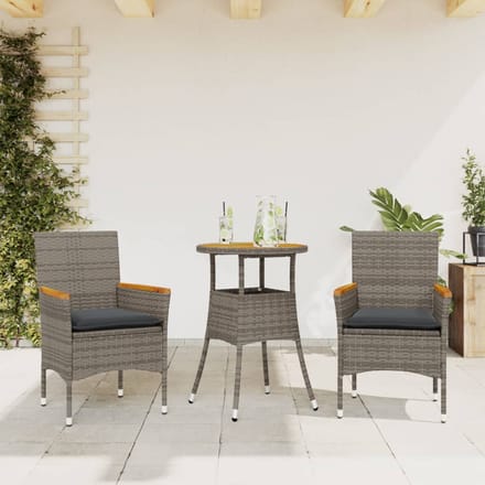 vidaXL - 3-delige - Tuinset - met - kussens - poly - rattan - en - acaciahout - grijs