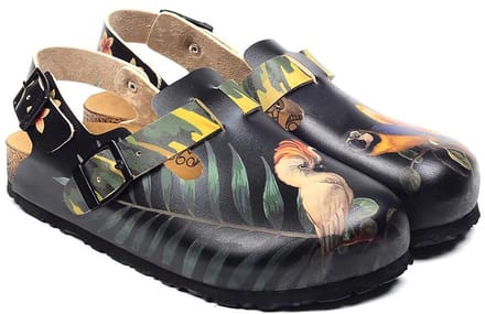 Goby Tropical Clogs Dames - Vegan Leer - Vogel en Bladeren Print - Maat 35