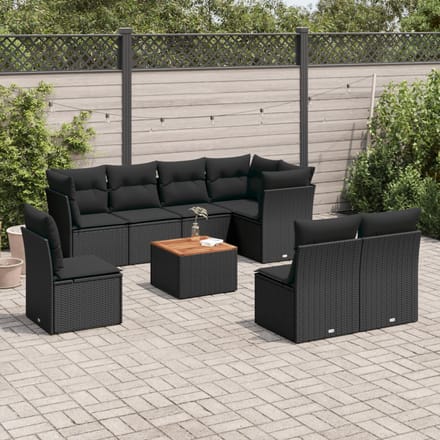 vidaXL - 9-delige - Loungeset - met - kussens - poly - rattan - zwart