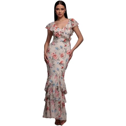 Vrouwelijke bloemenprint chiffon jurk Goddiva