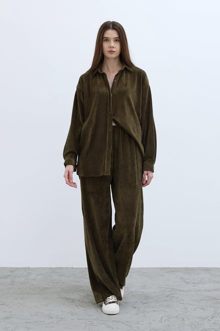 Dames Katoen Velvet Set Reyyan / Khaki / maat S