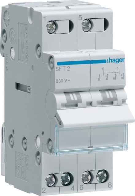 Hager omschakelaar 32A 2P I-0-II common boven DIN-rail (SFT232)