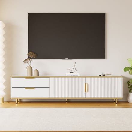 TV-Meubel - Met Gesneden Textuur en Gouden Grepen - Marmerlook - MDF - Wit