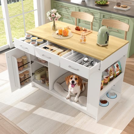 PHOEBE CAT Dressoir - Keukeneiland - Eettafel - 3 lades - Verstelbare planken - Houtnerflook - Wit + Naturel