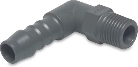 Knie 90° nylon 1/4" x 10 mm buitendraad x slangtule 16bar grijs