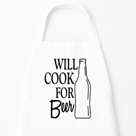Go Mama - Keukenschort “Will Cook for Beer” – Humor kookschort – One Size – Verstelbaar – Wit – Cadeau voor bierliefhebbers