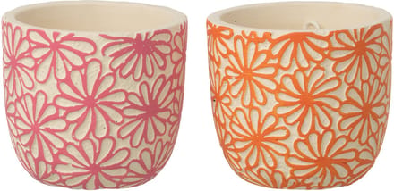 J-Line bloempot Rond Bloemen - keramiek - roze/oranje - small - set van 2