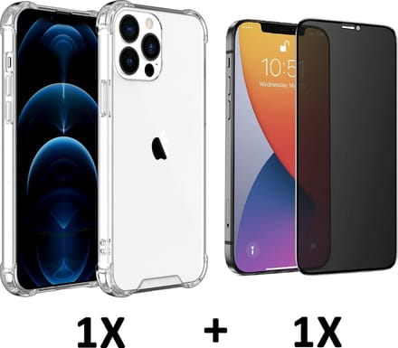 HB Hoesje Geschikt voor Apple iPhone 13 Pro Max - Transparant / Privacy Glazen Screenprotector - Anti-Shock Hybrid Back Cover