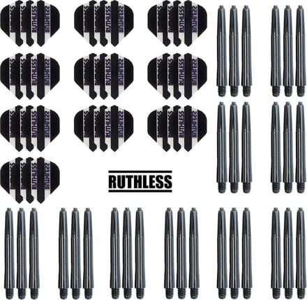 Darts Set - 10 Sets Ruthless Flights – dart flights – zwart – plus 10 sets Dragon – dart shafts – medium