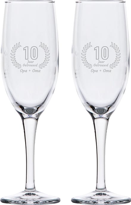 Gegraveerde set champagneglazen 16,5cl Opa + Oma 10 jaar getrouwd