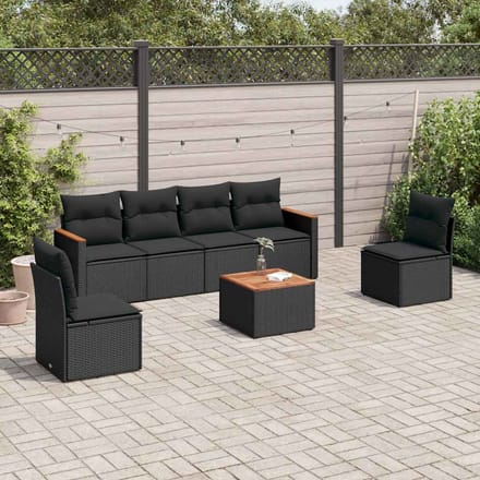 vidaXL - 7-delige - Loungeset - met - kussens - poly - rattan - zwart
