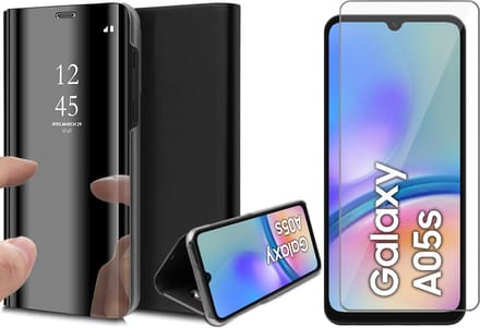 Hoesje geschikt voor Samsung Galaxy A05s - Screenprotector Glas - Spiegel Book Case Zwart