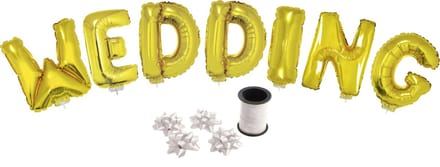 Folie ballonset goud met letters WEDDING 41 cm + geschenklint 10m met 4 witte strikken