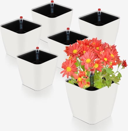 Zelfbewaterende pot met waterniveau-indicator - kruidenpot - 6 stuks - wit - 13,7 x 13,5 cm