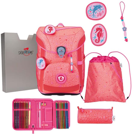 DerDieDas schooltas ErgoFlex Easy Superflash Set 6-delig Coral Reef zalmroze