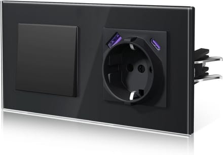 Inbouw Lichtschakelaar Glas met Stopcontact en USB-C Oplader Zwart