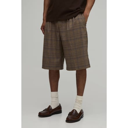 Tailored Check Wide Leg Pleat Front Suit Shorts | Chocolate | Size 56