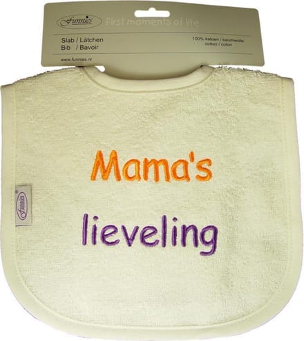 Funnies geborduurd tekst slabbetje: Mama's lieveling