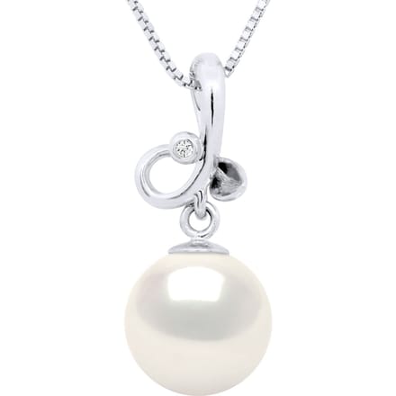 Hanger DRIELOOP Wit Goud Diamant 0,010 Cts - Echte Gecultiveerde Zoutwater Parel Rond 9-10 mm