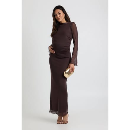 boohoo Dames Zwangerschaps maxi-jurk met mesh | Chocoladebruin | Maat: 38
