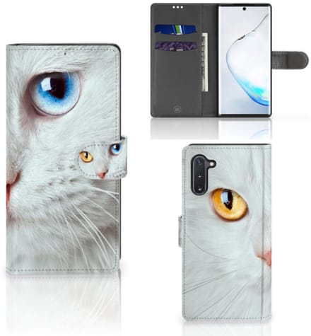 Samsung Galaxy Note 10 Telefoonhoesje met Pasjes Witte Kat
