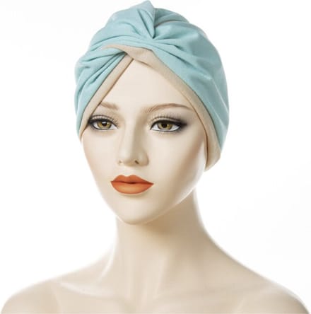 Cabantis 2 color Hijab - Hoofddeksel - Islamitisch - Tulband - Muts - Chemo - Beige & Pastelblauw