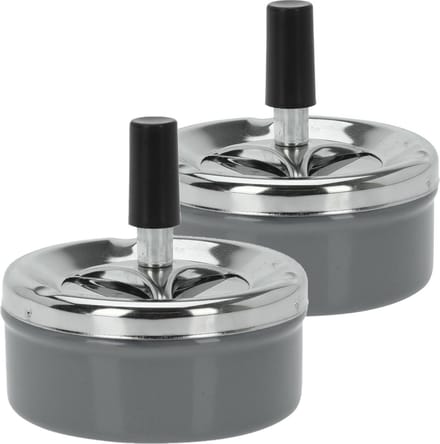 Set van 2x stuks druk en draai tafel asbak metaal antraciet en chrome 9 x 5 cm