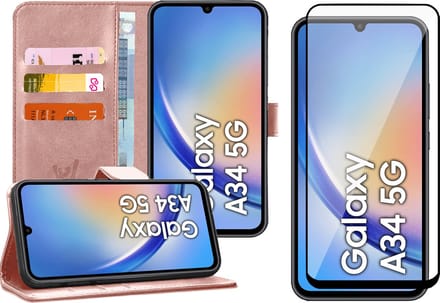 Hoesje geschikt voor Samsung Galaxy A34 - Screen Protector FullGuard - Book Case Kunstleer Pasjeshouder Roségoud & Screenprotector