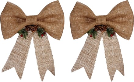 Kerstornament - 2x stuks - strik - jute - beige - kunststof - 25x26 cm - kerstboomversiering