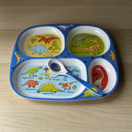 Dino Dinosaurussen kinder melamine servies (vakjesbord met lepel) - Tyrrell Katz