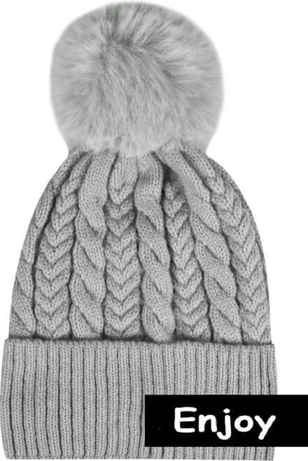 Muts -grijs -met kabel- pompon-Beanie