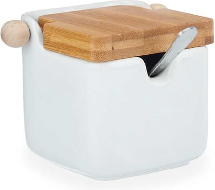 Kinvara Suikerpot met deksel - wit - 190 ml - porselein - bamboe - 7,5 x 11 x 7,5 cm