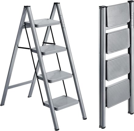 Opstapladder 4 treden - Klapladder stevig - Klusklare hulp - Extra brede treden - Max 150 kg - Zilver grijs