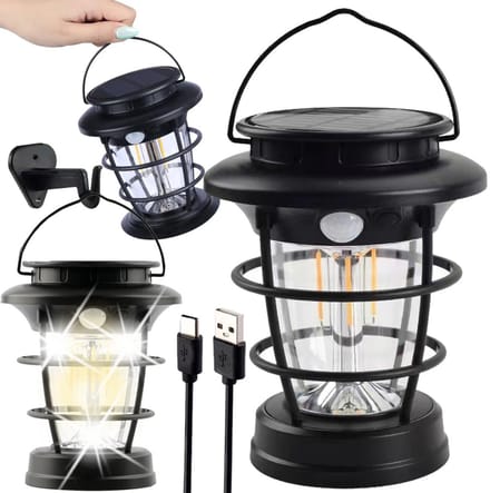 Solar Hanglamp Buiten - Warm Wit LED - Schemersensor en Bewegingssensor - Waterdicht Weerbestendig - Vintage Lantaarn - Hangend Met Handvat