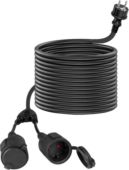 Verlengsnoer Buiten 15 Meter met 2 Waterdichte Schuko Stopcontacten IP44