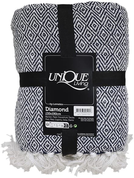 Plaid - Diamond - Donker Blauw - Wit - met tassels - 130 x 190 cm