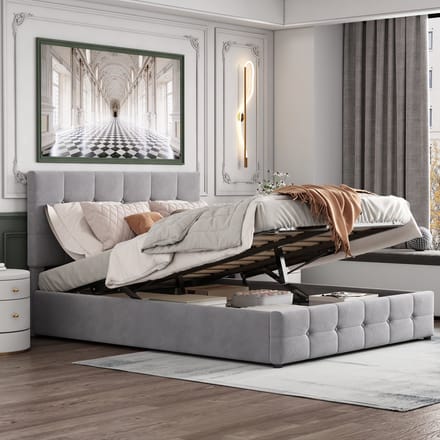 REDOM Bedframe 140x200 cm – Fluweel grijs – Met hydraulische opbergruimte & verstelbaar hoofdbord