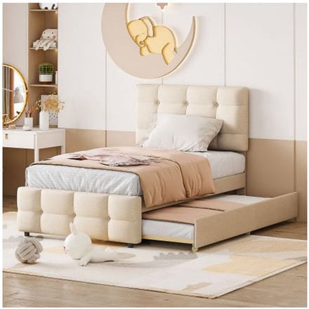 Lit d'enfant extensible - MUVOE - 90 x 200 cm - Tête de lit réglable - Tissu en lin - Beige beige