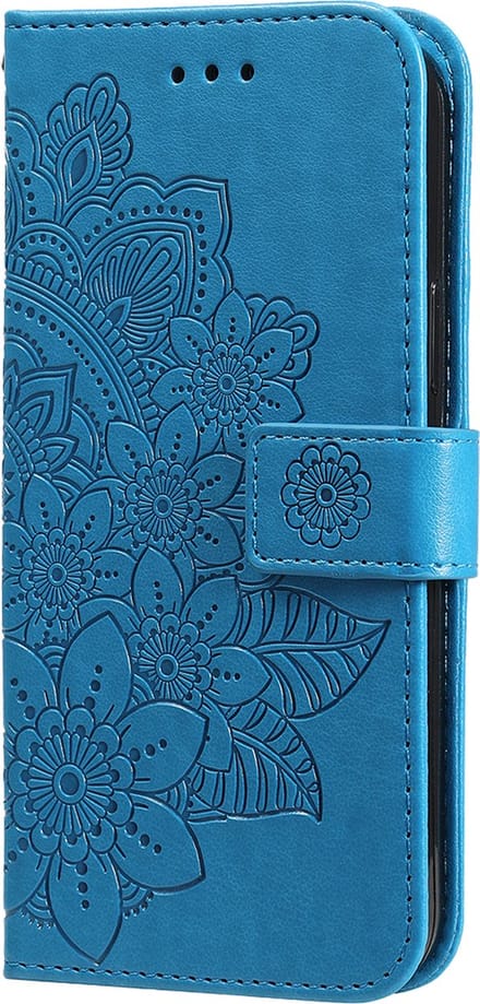 Hoesje geschikt voor iPhone 16 Plus - Bookcase - Pasjeshouder - Portemonnee - Bloemenprint - Kunstleer - Blauw