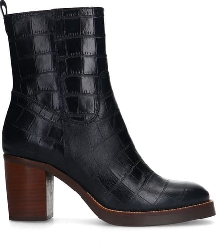 Manfield - Dames - Zwarte leren croco enkellaarsjes - Maat 40