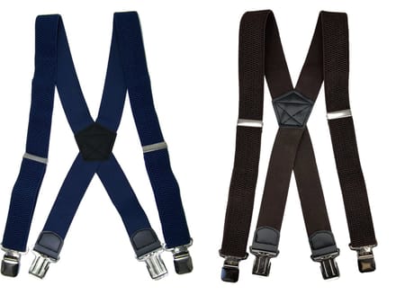 Donkerblauw en Coffee 4 clip Bretels met stevige sterke brede stalen clips Duo Pack