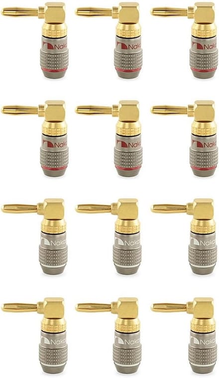 Set van 12x 90 Graden Banaanstekkers 24K Verguld voor Luidspreker Kabel (4mm) - HiFi Audio Aansluitingen