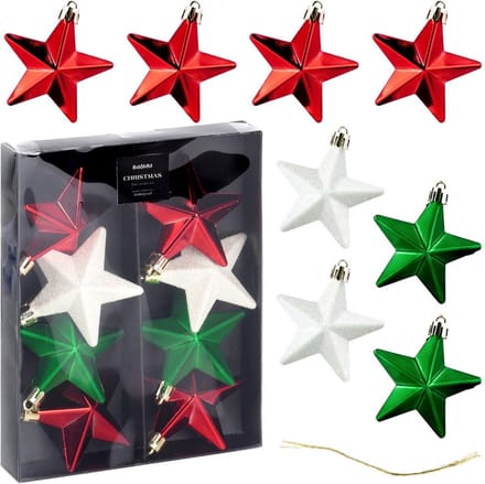 Kerstballen Set Onbreekbaar Sterren Rood Groen Wit 6,5 cm 8 stuks - Kerstdecoratie