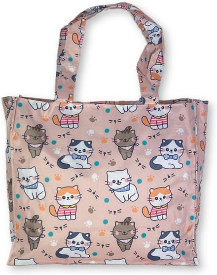 Kleine damestas nylon herbruikbare shopper bag met kittenmotief 30 cm
